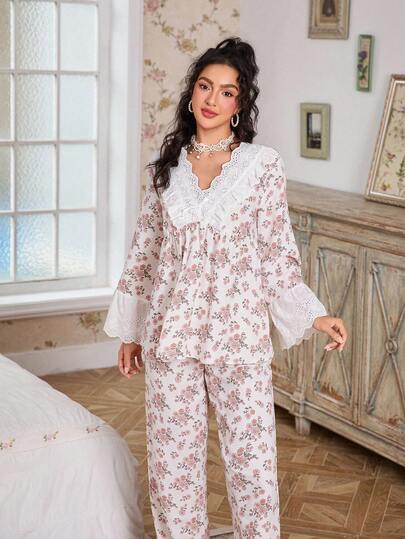FloralLove مجموعة بيجامة نسائية مكونة من ملابس علوية طويلة الأكمام بياقة على شكل حرف V مطرزة بزخارف زهرية رقيقة وبنطلون، مزينة بتطريز وكشكشة، مناسبة للخريف والشتاء، مجموعة بيجامة من قطعتين