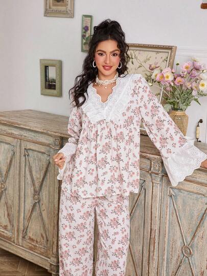 FloralLove مجموعة بيجامة نسائية مكونة من ملابس علوية طويلة الأكمام بياقة على شكل حرف V مطرزة بزخارف زهرية رقيقة وبنطلون، مزينة بتطريز وكشكشة، مناسبة للخريف والشتاء، مجموعة بيجامة من قطعتين