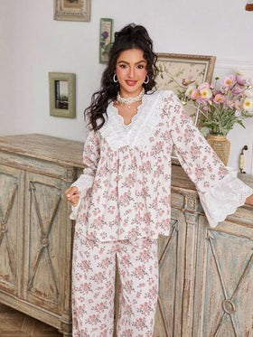 FloralLove مجموعة بيجامة نسائية مكونة من ملابس علوية طويلة الأكمام بياقة على شكل حرف V مطرزة بزخارف زهرية رقيقة وبنطلون، مزينة بتطريز وكشكشة، مناسبة للخريف والشتاء، مجموعة بيجامة من قطعتين