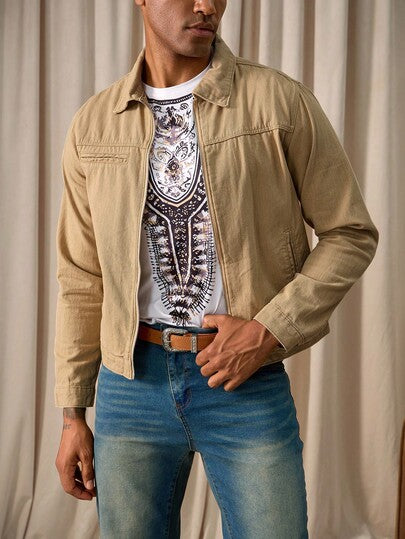 Manfinity Homme جاكيت جينز مبطن مريح بتصميم مفصل مع لوحات، جاكيت كاجوال غربي كاوبوي مغسول للربيع/الصيف مع جيوب عادية للعمل