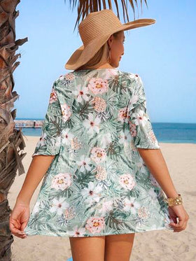 Swim Lushoire مجموعة بكيني لطبعات نباتات استوائية للنساء للصيف مع شورت مربع وكيمونو بأكمام نصفية مطابقة للتغطية