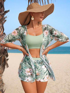 Swim Lushoire مجموعة بكيني لطبعات نباتات استوائية للنساء للصيف مع شورت مربع وكيمونو بأكمام نصفية مطابقة للتغطية