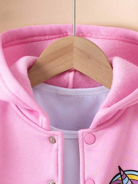 Elladie kids جاكيت بيسبول مطبوعة بطباعة الربط والصبغ بشكل وحيد القرن للفتيات الصغيرات، ملابس وحيد القرن للخريف والشتاء، جاكيت مع كابوشون، كنزة مع كابوشون للفتيات، سترات كرتونية للفتيات