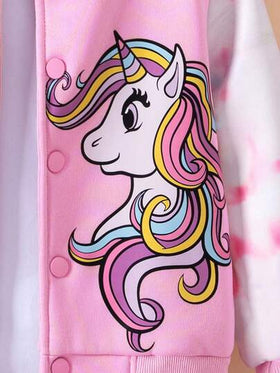 Elladie kids جاكيت بيسبول مطبوعة بطباعة الربط والصبغ بشكل وحيد القرن للفتيات الصغيرات، ملابس وحيد القرن للخريف والشتاء، جاكيت مع كابوشون، كنزة مع كابوشون للفتيات، سترات كرتونية للفتيات