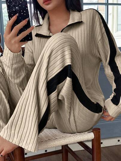 SHEIN مجموعة ملابس منزلية للنساء تتكون من ملابس علوية كم طويل مع طوق نصف سحاب وألوان متباينة ولباس سروال واسع القدمين، مجموعة ملابس منزلية مريحة مكونة من قطعتين، مجموعة ملابس منزلية مكونة من قطعتين بأكمام طويلة، مجموعة ملابس منزلية للنساء، ملابس خريف وشتا