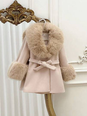 SHEIN معطف صوفي بلون أحادي للفتيات مع طوق من فرو اصطناعي، ملابس خريفية وشتوية للنساء
