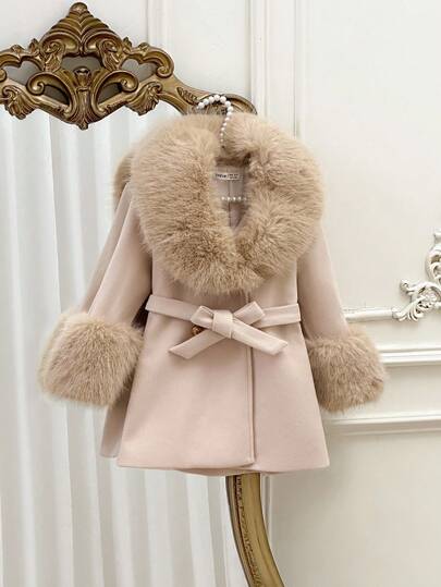 SHEIN معطف صوفي بلون أحادي للفتيات مع طوق من فرو اصطناعي، ملابس خريفية وشتوية للنساء