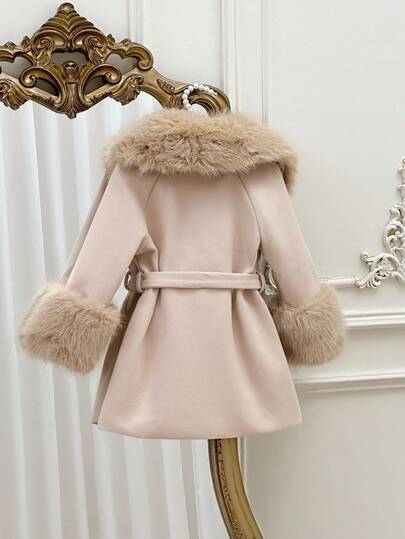 SHEIN معطف صوفي بلون أحادي للفتيات مع طوق من فرو اصطناعي، ملابس خريفية وشتوية للنساء