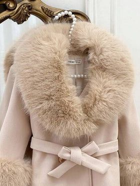 SHEIN معطف صوفي بلون أحادي للفتيات مع طوق من فرو اصطناعي، ملابس خريفية وشتوية للنساء