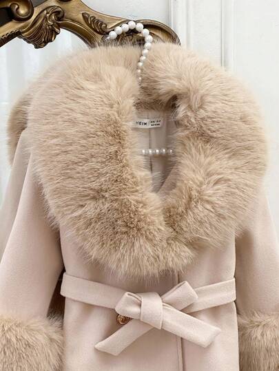 SHEIN معطف صوفي بلون أحادي للفتيات مع طوق من فرو اصطناعي، ملابس خريفية وشتوية للنساء