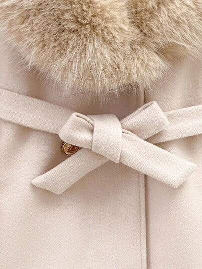 SHEIN معطف صوفي بلون أحادي للفتيات مع طوق من فرو اصطناعي، ملابس خريفية وشتوية للنساء