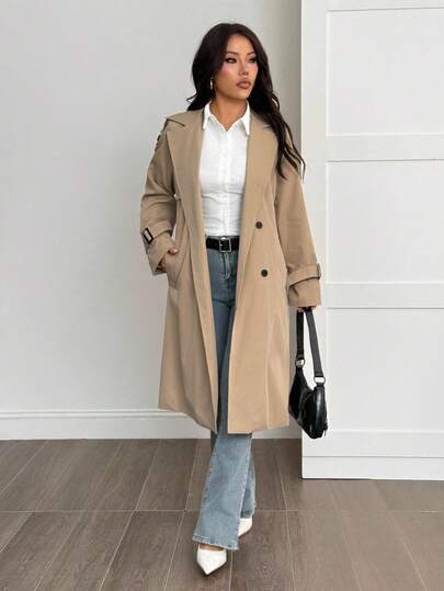 SHEIN PETITE معطف كاجوال نسائي بتصميم مهترئ وزخرفة كلاسيكية بلون الخاكي