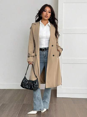 SHEIN PETITE معطف كاجوال نسائي بتصميم مهترئ وزخرفة كلاسيكية بلون الخاكي