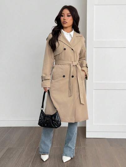 SHEIN PETITE معطف كاجوال نسائي بتصميم مهترئ وزخرفة كلاسيكية بلون الخاكي