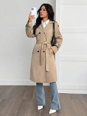 SHEIN PETITE معطف كاجوال نسائي بتصميم مهترئ وزخرفة كلاسيكية بلون الخاكي