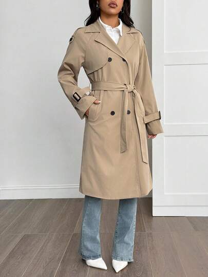 SHEIN PETITE معطف كاجوال نسائي بتصميم مهترئ وزخرفة كلاسيكية بلون الخاكي