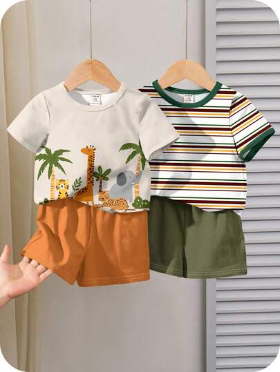 SHEIN مجموعة قميص وشورت قصير الأكمام بطبعات حيوانات وأشكال كرتونية لطفل صغير، مناسبة للصيف، ملابس صيفية للأطفال الصغار، مجموعة ملابس صيفية للأولاد الرضع، مجموعة ملابس عادية للأطفال الرضع