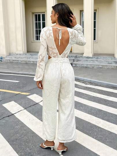 SHEIN Frenchy جمبسوت نسائية بأكمام طويلة وظهر مكشوف بياقة على شكل حرف V وبلون أحادي، مناسبة للارتداء اليومي