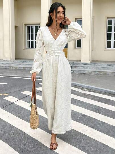 SHEIN Frenchy جمبسوت نسائية بأكمام طويلة وظهر مكشوف بياقة على شكل حرف V وبلون أحادي، مناسبة للارتداء اليومي