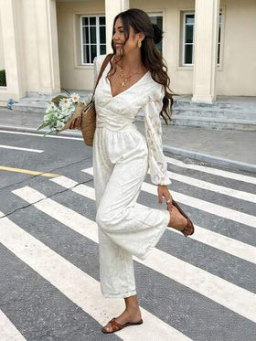 SHEIN Frenchy جمبسوت نسائية بأكمام طويلة وظهر مكشوف بياقة على شكل حرف V وبلون أحادي، مناسبة للارتداء اليومي
