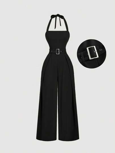 SHEIN MOD جمبسوت نسائية سوداء بحزام زخرفي