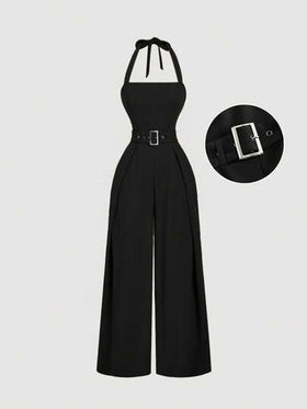 SHEIN MOD جمبسوت نسائية سوداء بحزام زخرفي