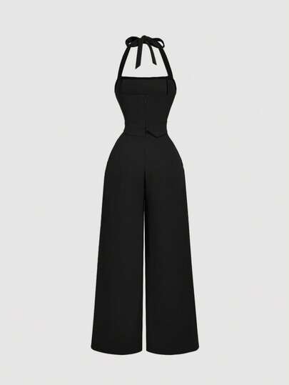 SHEIN MOD جمبسوت نسائية سوداء بحزام زخرفي