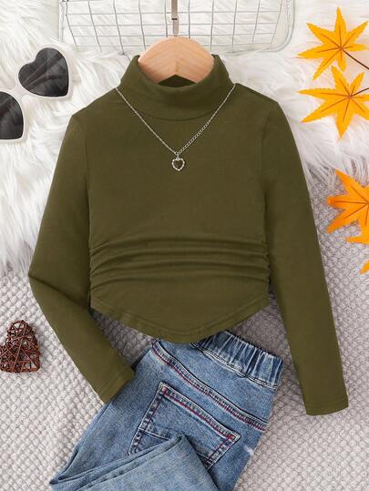 SHEIN بلوزة أساسية سوداء للفتيات الصغيرات بياقة مرتفعة مجعدة، لون أحادي محبوك، مناسبة للارتداء اليومي والكاجوال والمدرسة في فصلي الخريف والشتاء