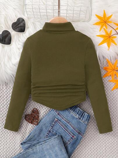 SHEIN بلوزة أساسية سوداء للفتيات الصغيرات بياقة مرتفعة مجعدة، لون أحادي محبوك، مناسبة للارتداء اليومي والكاجوال والمدرسة في فصلي الخريف والشتاء