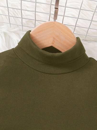 SHEIN بلوزة أساسية سوداء للفتيات الصغيرات بياقة مرتفعة مجعدة، لون أحادي محبوك، مناسبة للارتداء اليومي والكاجوال والمدرسة في فصلي الخريف والشتاء