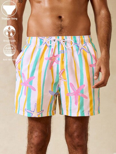 Manfinity Swimmode شورت شاطئ للرجال بخصر مربوط بسحاب وجيوب بنقشة نجوم وخطوط