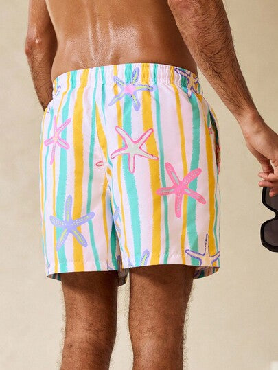 Manfinity Swimmode شورت شاطئ للرجال بخصر مربوط بسحاب وجيوب بنقشة نجوم وخطوط