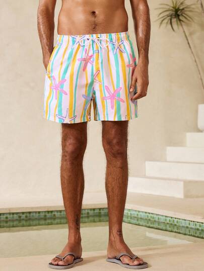 Manfinity Swimmode شورت شاطئ للرجال بخصر مربوط بسحاب وجيوب بنقشة نجوم وخطوط