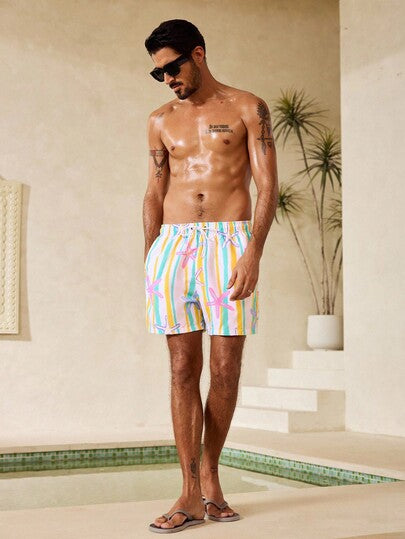 Manfinity Swimmode شورت شاطئ للرجال بخصر مربوط بسحاب وجيوب بنقشة نجوم وخطوط