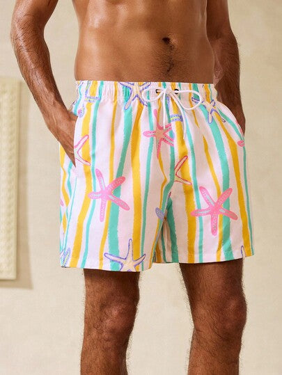 Manfinity Swimmode شورت شاطئ للرجال بخصر مربوط بسحاب وجيوب بنقشة نجوم وخطوط