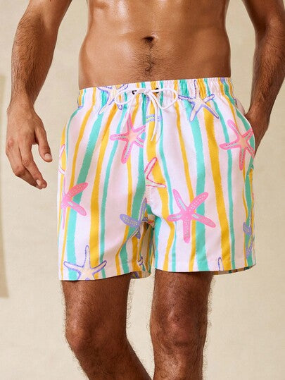 Manfinity Swimmode شورت شاطئ للرجال بخصر مربوط بسحاب وجيوب بنقشة نجوم وخطوط