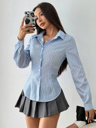 Flirla قميص كاجوال للنساء بأكمام طويلة وخطوط زرقاء مناسب للخصر، مناسب للربيع والصيف