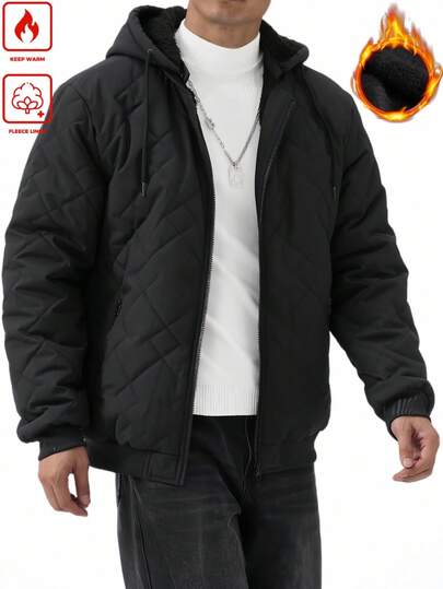 Manfinity Homme معطف شتوي كاجوال للرجال بسحاب أمامي وسحاب للخصر، بغطاء رأس، أبيض اللون، مبطن