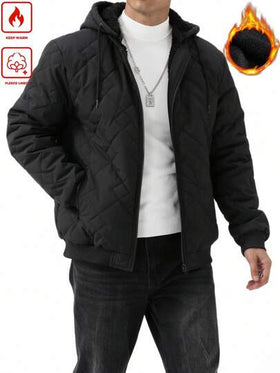 Manfinity Homme معطف شتوي كاجوال للرجال بسحاب أمامي وسحاب للخصر، بغطاء رأس، أبيض اللون، مبطن