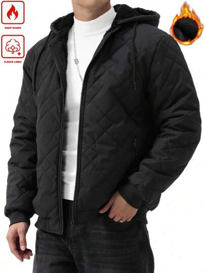 Manfinity Homme معطف شتوي كاجوال للرجال بسحاب أمامي وسحاب للخصر، بغطاء رأس، أبيض اللون، مبطن