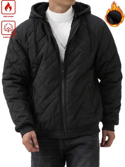 Manfinity Homme معطف شتوي كاجوال للرجال بسحاب أمامي وسحاب للخصر، بغطاء رأس، أبيض اللون، مبطن