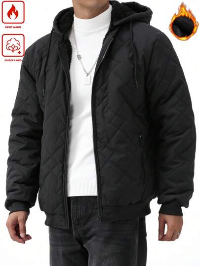 Manfinity Homme معطف شتوي كاجوال للرجال بسحاب أمامي وسحاب للخصر، بغطاء رأس، أبيض اللون، مبطن