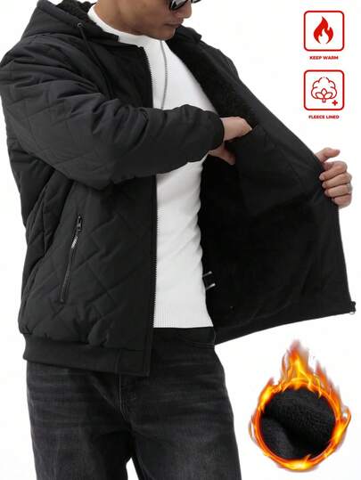 Manfinity Homme معطف شتوي كاجوال للرجال بسحاب أمامي وسحاب للخصر، بغطاء رأس، أبيض اللون، مبطن
