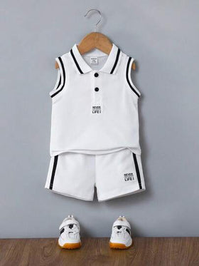 SHEIN Playful Pals مجموعة ملابس علوية بولو أكمام واسفل قصير منسوج للأطفال الرضع والصغار 2 قطعة، مع تطريز حرفي وتصميم مخطط، مناسب للاستخدام البيتي الصيفي والرياضة الخارجية واليومي، حجم 3 شهور حتى 3 سنوات