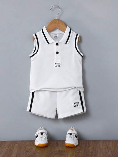 SHEIN Playful Pals مجموعة ملابس علوية بولو أكمام واسفل قصير منسوج للأطفال الرضع والصغار 2 قطعة، مع تطريز حرفي وتصميم مخطط، مناسب للاستخدام البيتي الصيفي والرياضة الخارجية واليومي، حجم 3 شهور حتى 3 سنوات