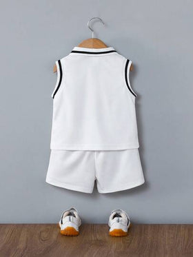 SHEIN Playful Pals مجموعة ملابس علوية بولو أكمام واسفل قصير منسوج للأطفال الرضع والصغار 2 قطعة، مع تطريز حرفي وتصميم مخطط، مناسب للاستخدام البيتي الصيفي والرياضة الخارجية واليومي، حجم 3 شهور حتى 3 سنوات