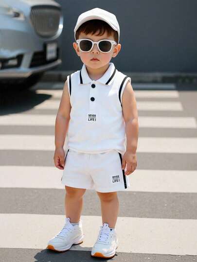 SHEIN Playful Pals مجموعة ملابس علوية بولو أكمام واسفل قصير منسوج للأطفال الرضع والصغار 2 قطعة، مع تطريز حرفي وتصميم مخطط، مناسب للاستخدام البيتي الصيفي والرياضة الخارجية واليومي، حجم 3 شهور حتى 3 سنوات