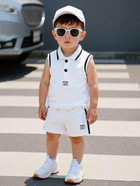 SHEIN Playful Pals مجموعة ملابس علوية بولو أكمام واسفل قصير منسوج للأطفال الرضع والصغار 2 قطعة، مع تطريز حرفي وتصميم مخطط، مناسب للاستخدام البيتي الصيفي والرياضة الخارجية واليومي، حجم 3 شهور حتى 3 سنوات
