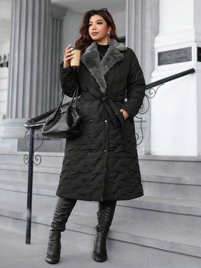 SHEIN Clasi معطف شتوي طويل للنساء، ذو ياقة فرائية وأكمام طويلة وأزرار مزدوجة، كاجوال وطويل للاستخدام اليومي. معطف طويل مبطن للنساء، معطف طويل للنساء، معطف مبطن طويل للنساء، معطف بياقة فرو اصطناعي، معطف بطن طويل. شورت جلد للنساء موديل 2025 خريف وشتاء جديد