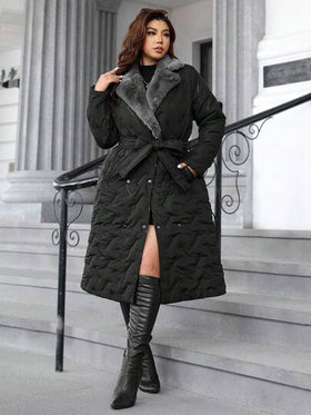 SHEIN Clasi معطف شتوي طويل للنساء، ذو ياقة فرائية وأكمام طويلة وأزرار مزدوجة، كاجوال وطويل للاستخدام اليومي. معطف طويل مبطن للنساء، معطف طويل للنساء، معطف مبطن طويل للنساء، معطف بياقة فرو اصطناعي، معطف بطن طويل. شورت جلد للنساء موديل 2025 خريف وشتاء جديد